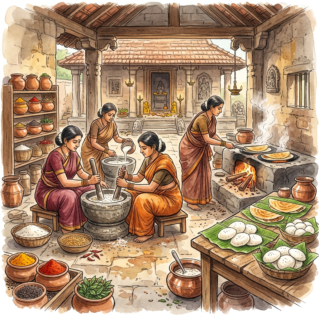 South Indian dosa, idli, and vada spread